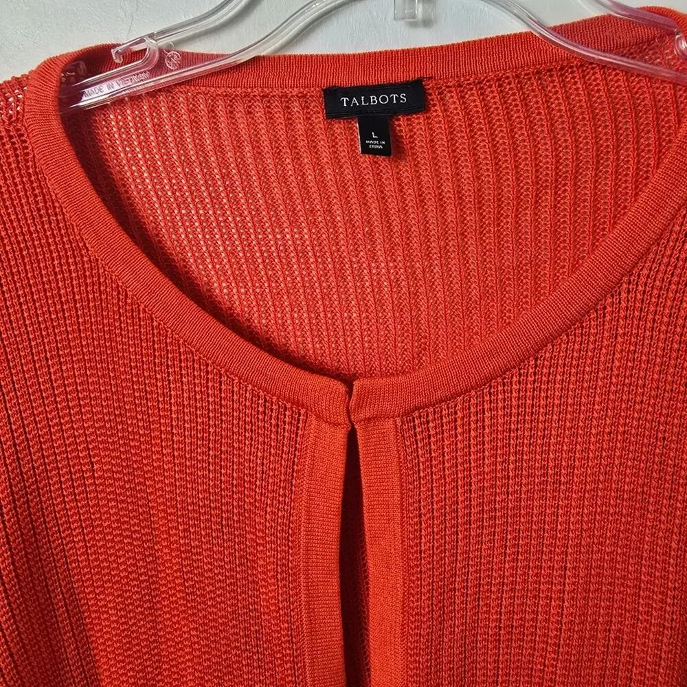 Talbots Red Open Front Cardigan Sweater L Pointelle Knit Cotton Modal Office
